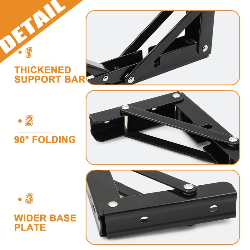 Storystore Folding Shelf Brackets - 12 Inch Heavy Duty Metal Collapsible Shelf Bracket for Bench Table, Shelf Hinge Wall Mounted Space Saving DIY Bracket, Max Load: 150 lb (2PCS, Black) - Image 4